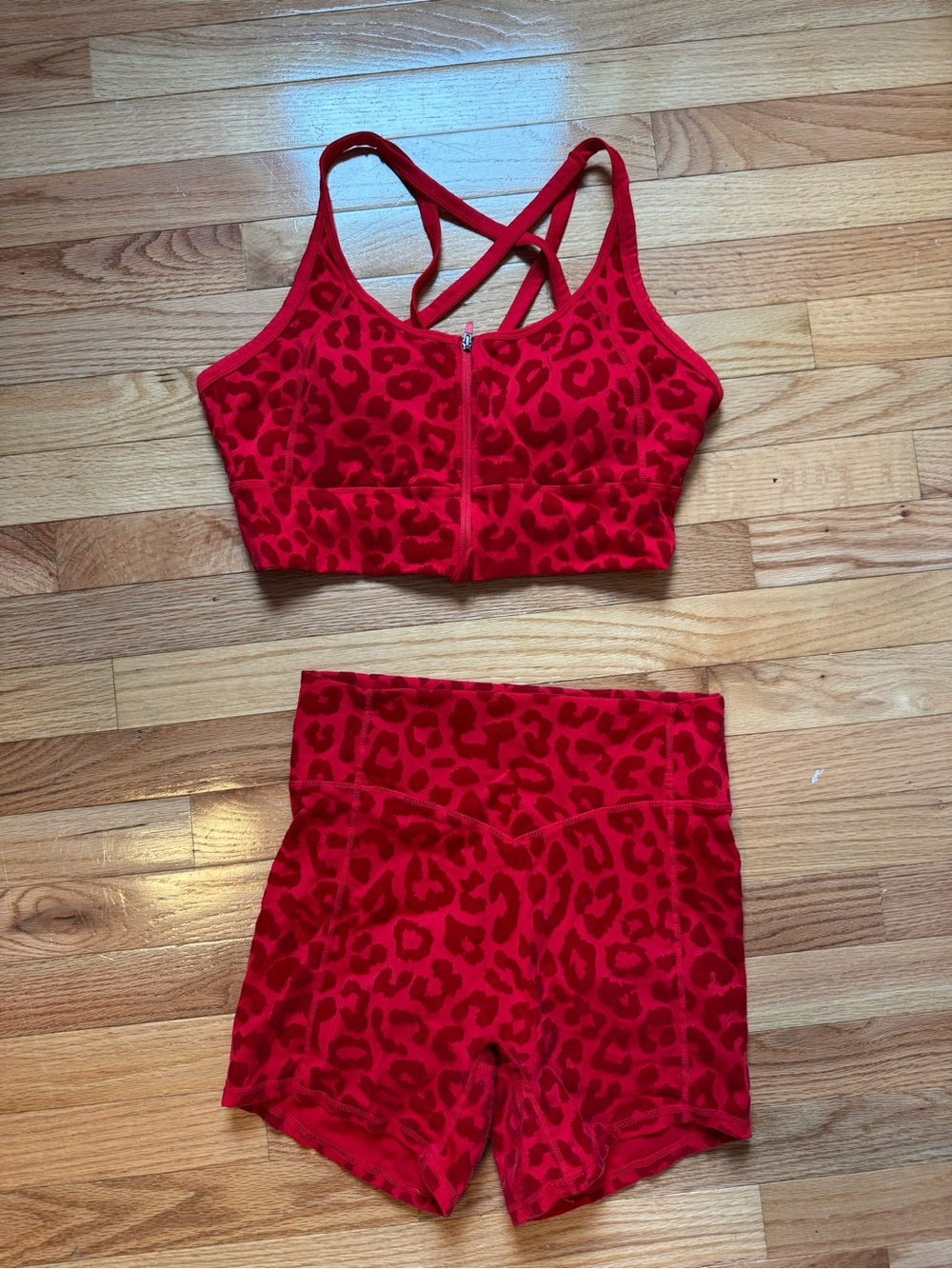 Balance Athletica Red Leopard Zip-Front Sports Bra and High-Waist Shorts